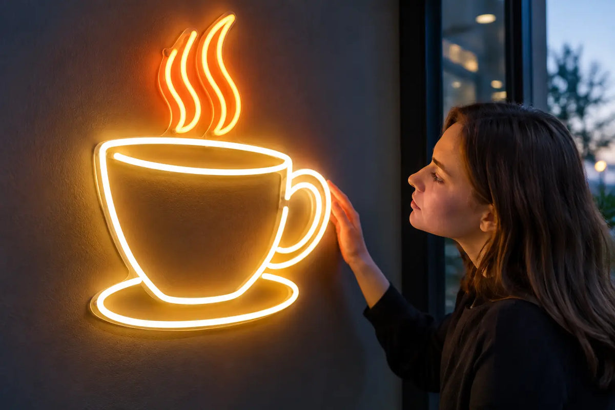 Oranžový LED neon šálek kávy na tmavé stěně, žena kontroluje nápis