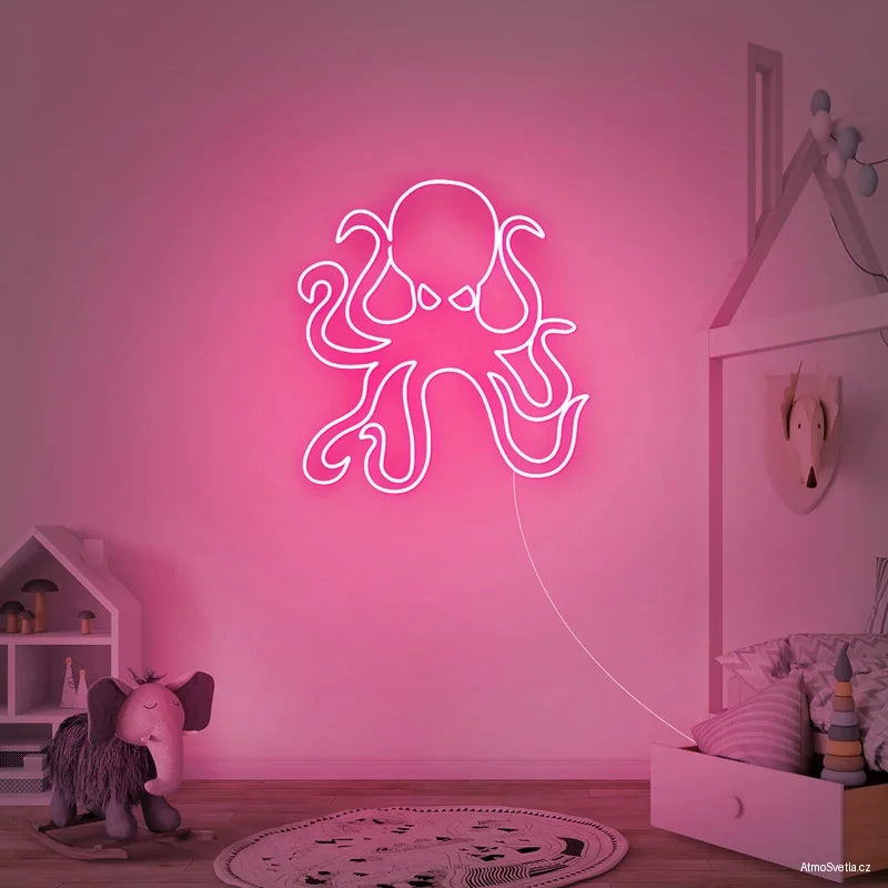 Růžově zářící neonová chobotnice, stylový doplněk do interiéru.