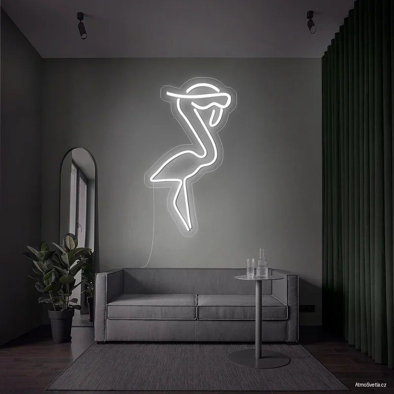 Bílý LED neon plameňák se slunečními brýlemi, letní dekorace na stěnu