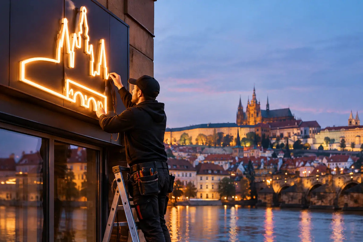 Instalace neonové cedule v Praze bez chyb