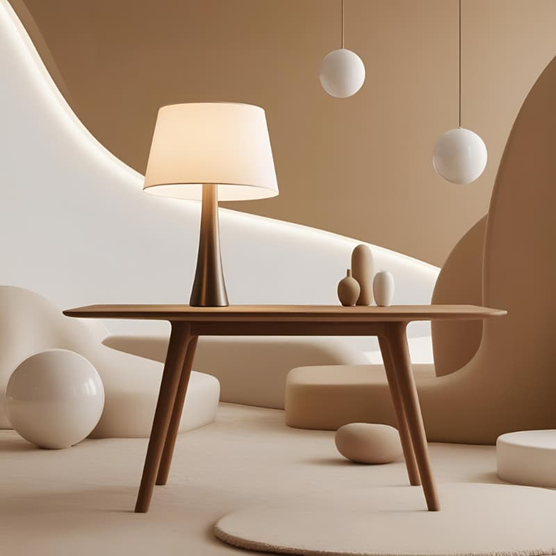Minimalist modern interior with a wooden table, elegant table lamp, and abstract soft furnishings in neutral beige tones.