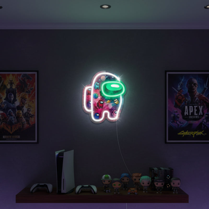 Neonový nápis Among Us postavy в retro Cylon stylu. Stylová LED dekorace na zeď pro gaming room nebo bar.