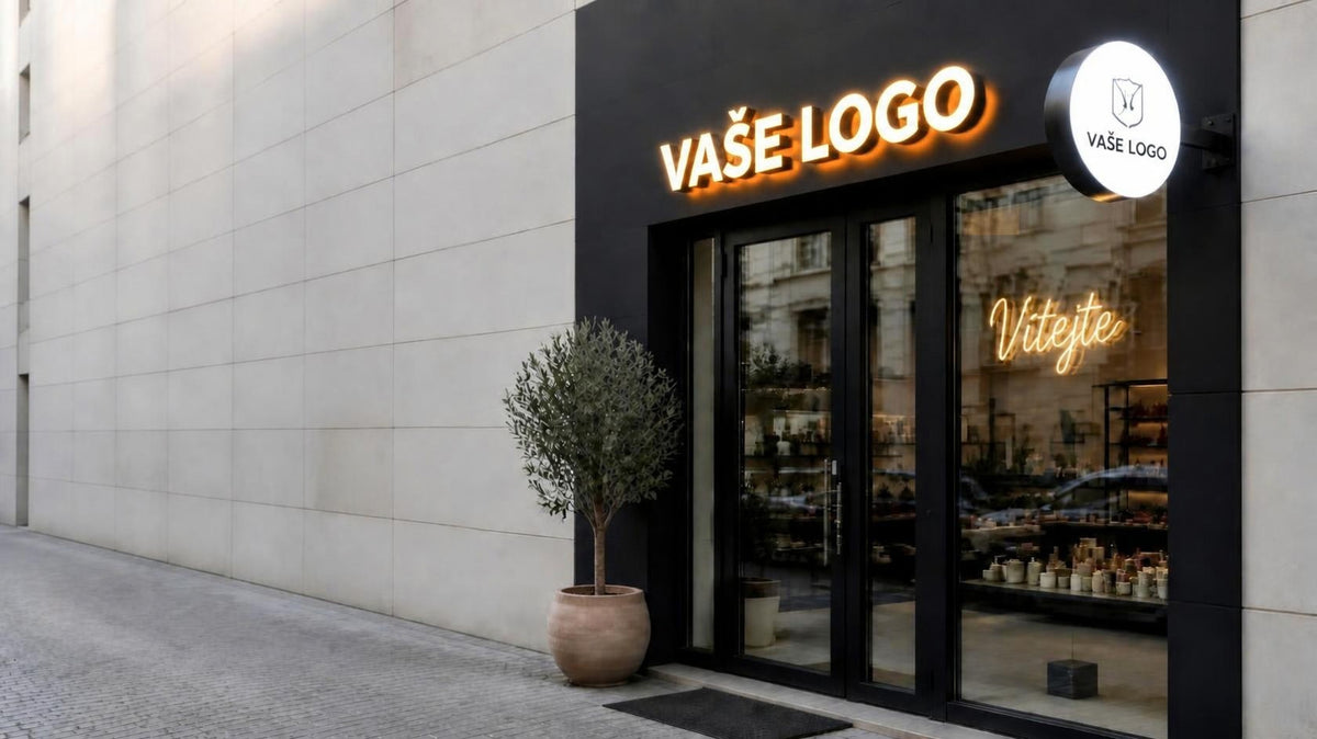Prodejna s černým portálem: 3D písmena s bílým čelním a oranžovým zadním podsvícením, světelný box a LED neon Vítejte ve výloze