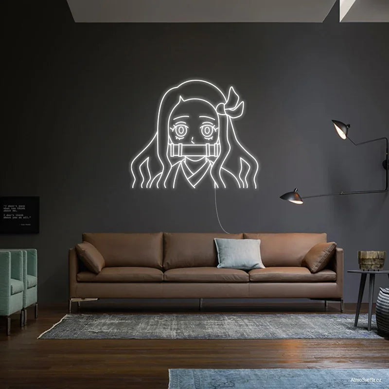 Bílý LED neon anime dívka, stylová nástěnná dekorace pro otaku pokoj.