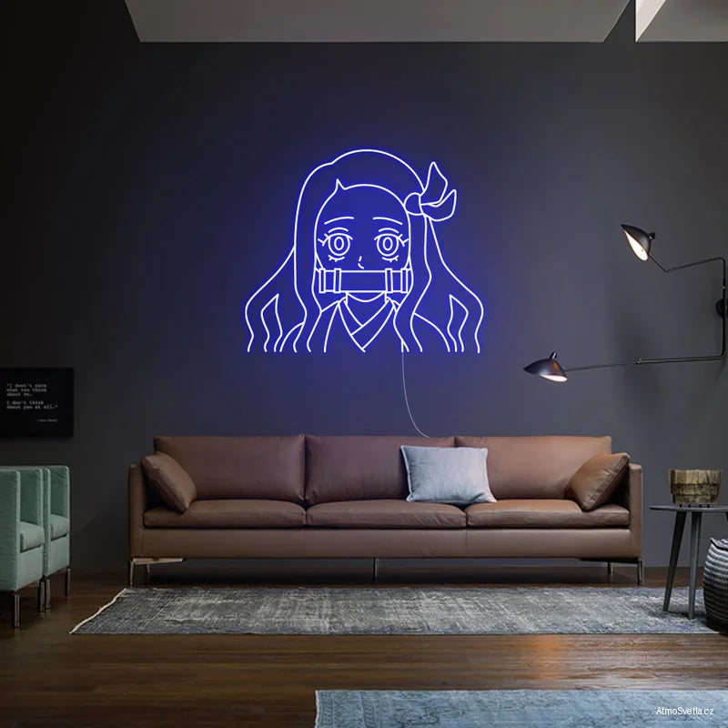 Tmavě modrý anime LED neon, stylový prvek na zeď do moderního pokoje.