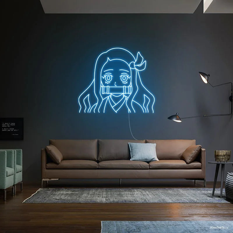 Světle modrý LED neon anime dívka, originální dárek pro otaku komunitu.
