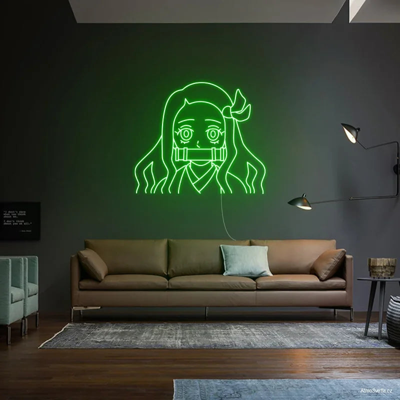 Zelený neon anime styl, moderní světelná dekorace pro gaming room.