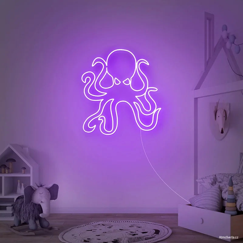 Fialový svítící neon chobotnice, futuristický design pro váš prostor.