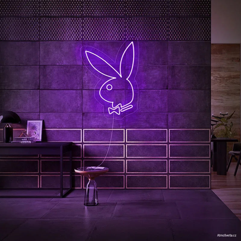 Fialový neonový nápis Playboy na stěně, moderní světelná dekorace s nádechem luxusu.