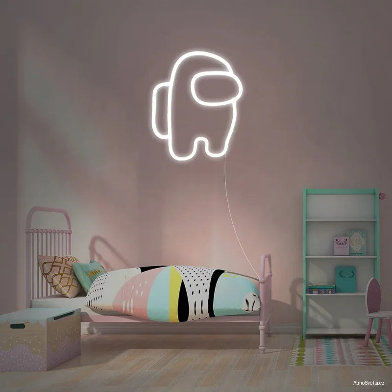 Bílý LED neon Among Us, stylová svítící postavička pro herní koutek.