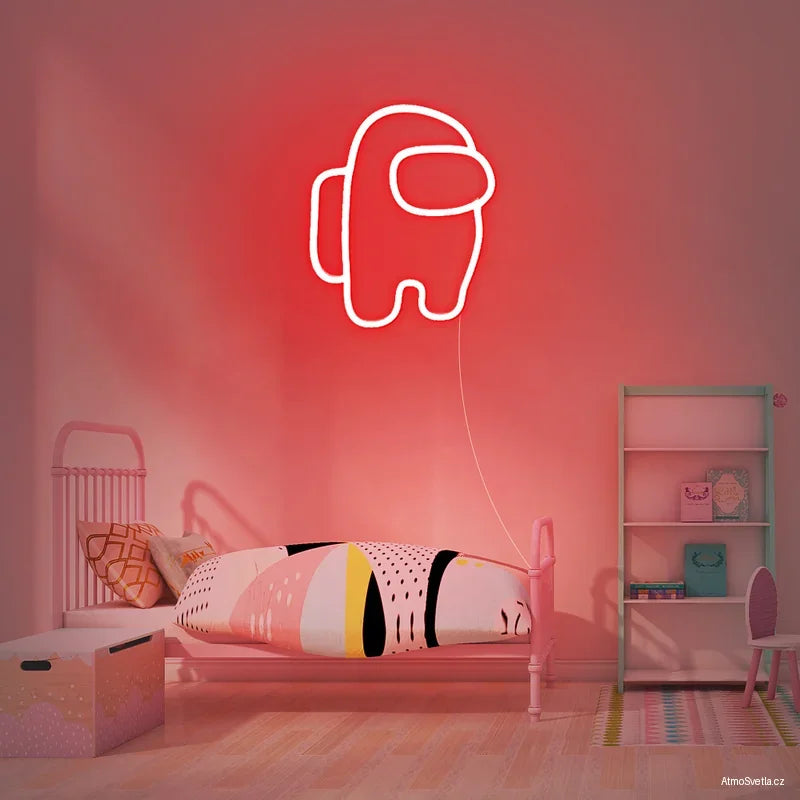 Červený neon Among Us (Impostor vibe), populární herní dekorace.
