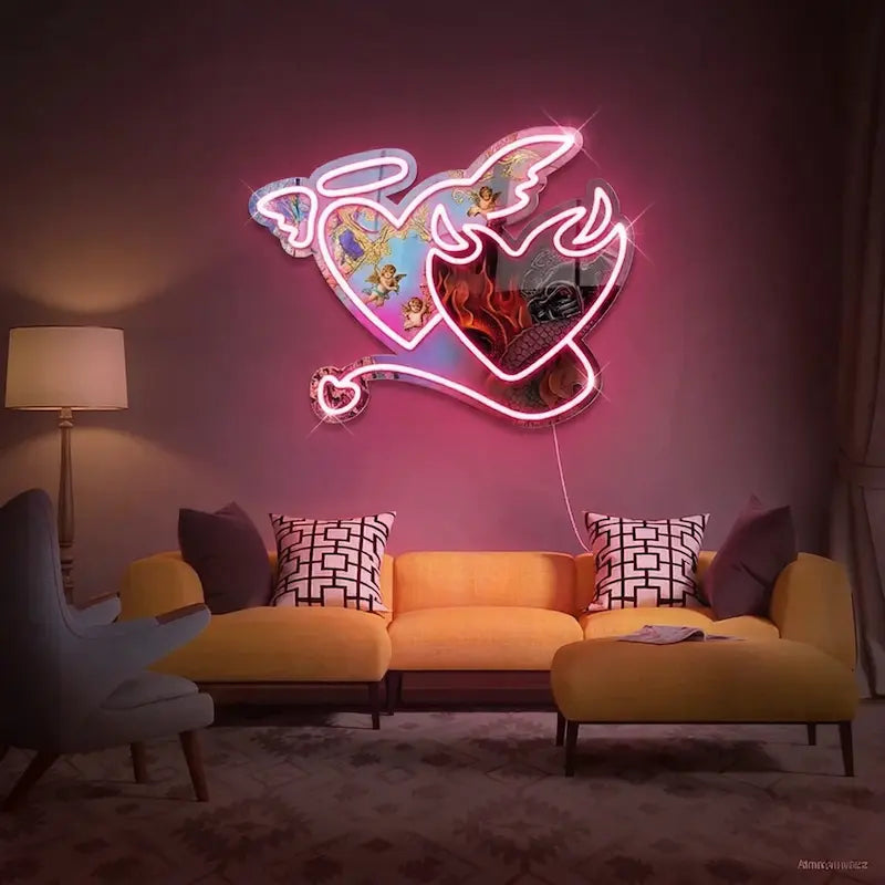 Designový LED neon Angel a Demon s UV tiskem, stylová svítící dekorace na zeď.
