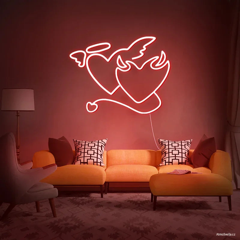 Červený LED neon anděl a ďábel – vášnivé osvětlení do ložnice s červenou atmosférou.