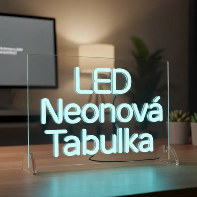 Detailní pohled na svítící LED neonovou tabulku s nápisem "LED Neonová Tabulka" umístěnou na dřevěném stole.