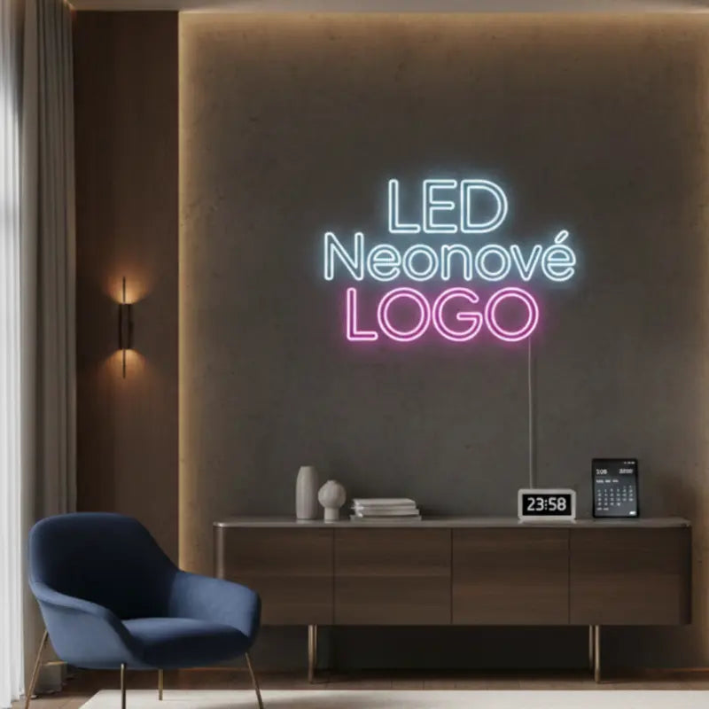 Modro-růžový LED neonový nápis "LED Neonové LOGO" připevněný na tmavé stěně nad designovou komodou.