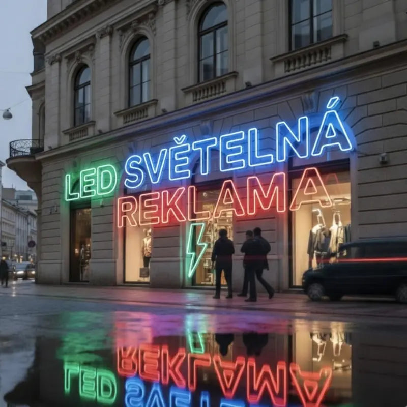 LED světelná reklama neonová vývěska na fasádě budovy s večerním odrazem v louži – vlastní neon pro obchody a vitríny.