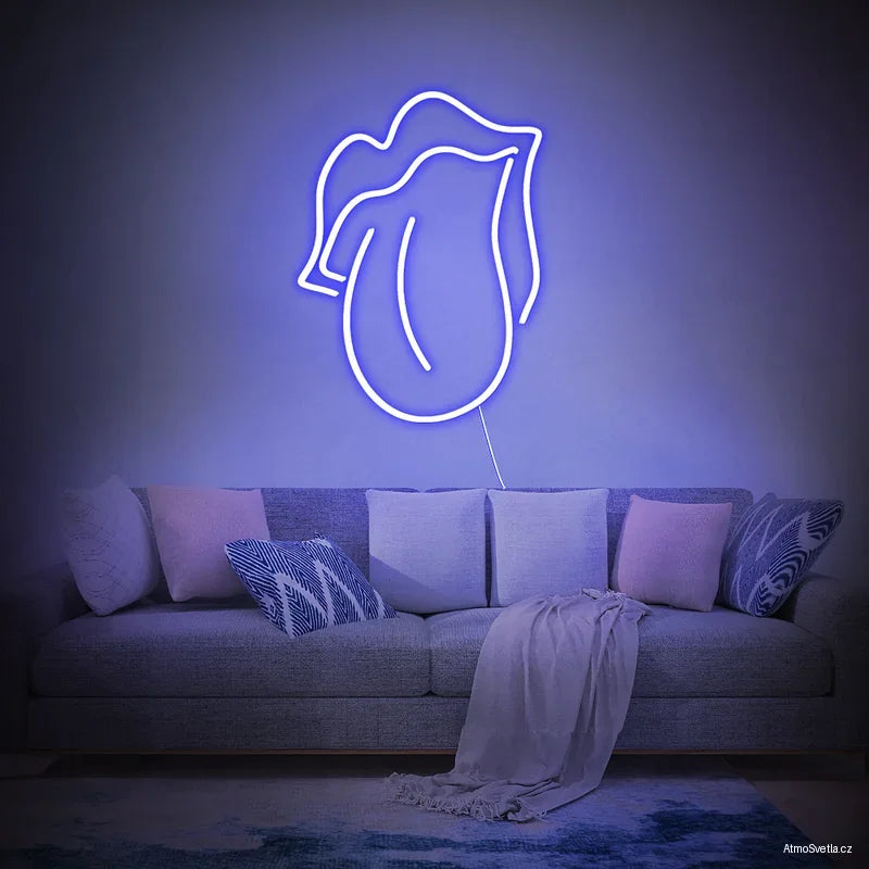 Modrý LED neon ústa s jazykem, náladové osvětlení pro moderní prostor.