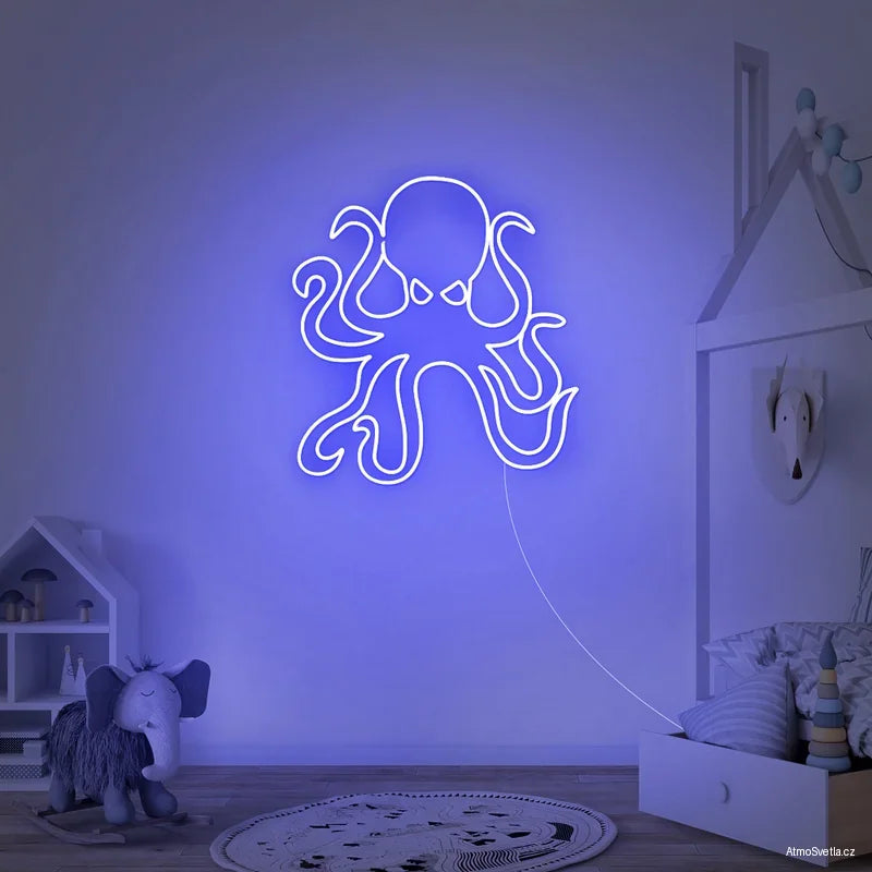 Modrý LED neon chobotnice, skvělý vizuální prvek pro restaurace.