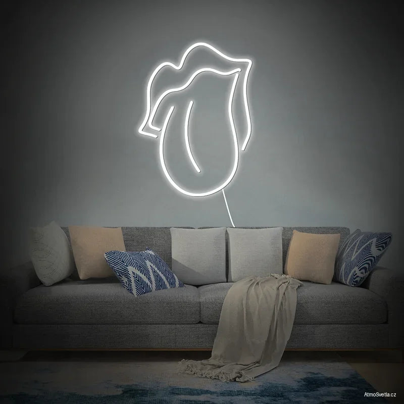 Bílý LED neon ústa s vyplazeným jazykem a tesáky, rocková dekorace.