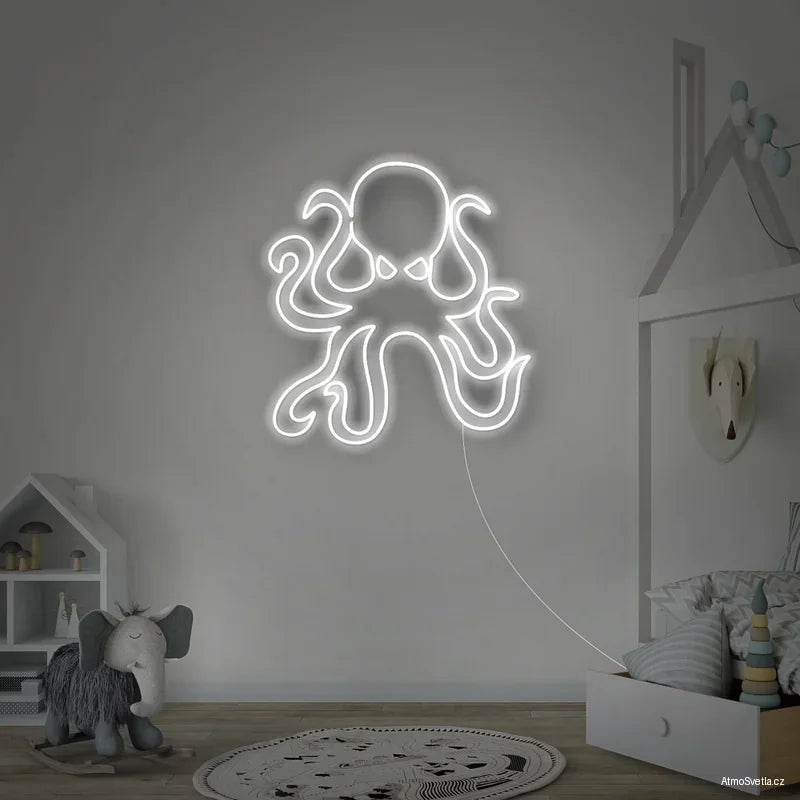 Bílý LED neon chobotnice, moderní světelná dekorace na stěnu.