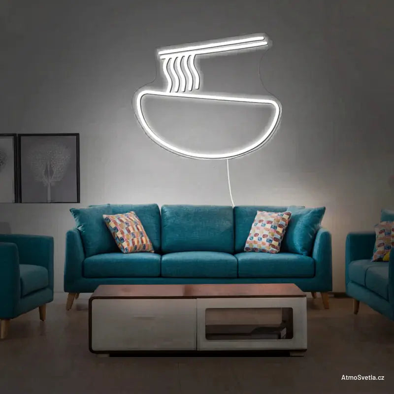 Bílý LED neon miska s nudlemi a hůlkami, dekorace pro asijské bistro.