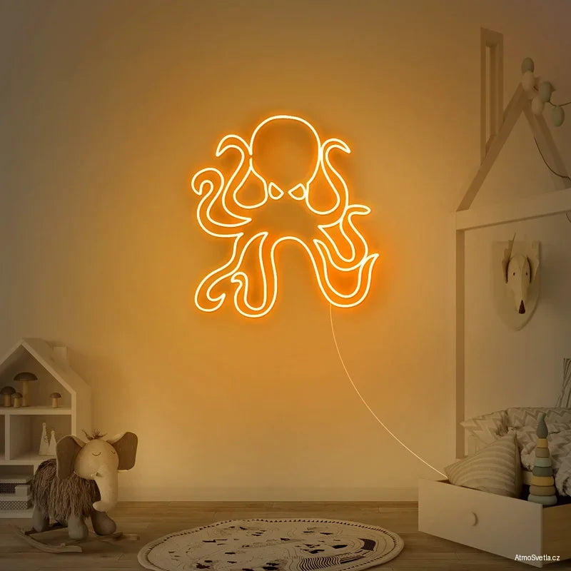 Oranžový LED neon chobotnice, hravá a barevná dekorace do pokoje.
