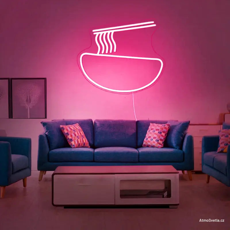 Růžový LED neon miska s nudlemi, moderní světelný prvek pro food pointy.