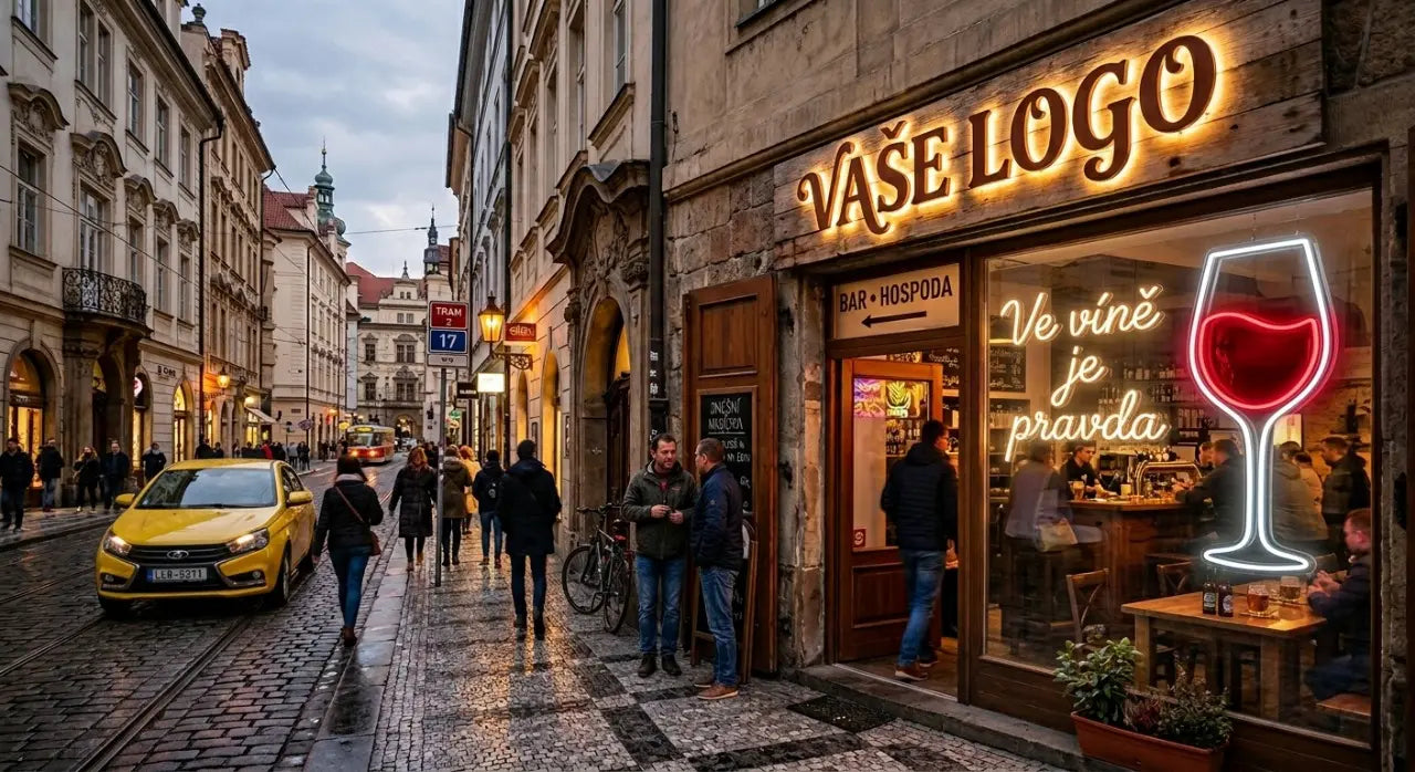 Atmosférický snímek historické uličky v Praze s rozzářenými neonovými nápisy, včetně "VAŠE LOGO" a "VE VÍNĚ JE PRAVDA". Ideální inspirace pro neonovou reklamu v české restauraci.