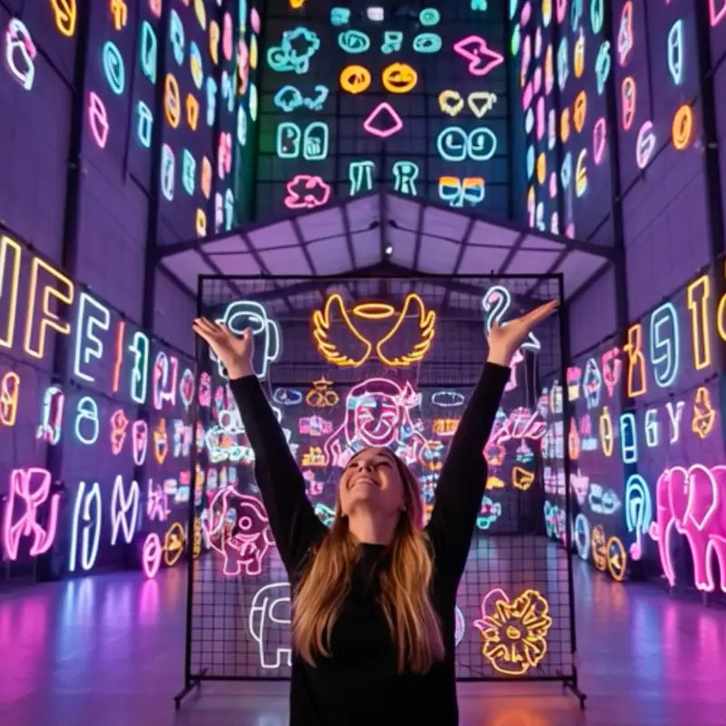 Mladá žena v prostoru plném barevných LED neonových symbolů a ikon jako ukázka zakázkové výroby.