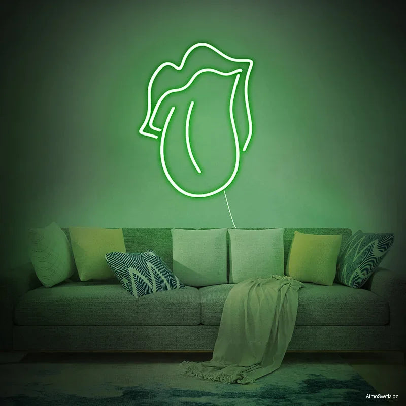 Zelený svítící neon ve tvaru úst, originální dárek pro fanoušky rocku.